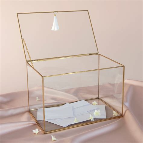 glass and metal card box|gold divided glass box.